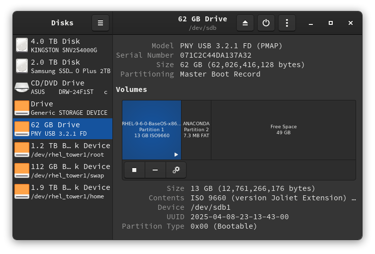 Watch for your USB disk appear in the Disks application