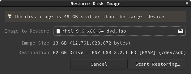 Click the start restoring button