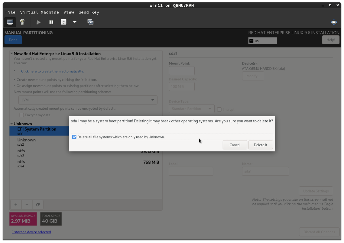 Delete all unknown disk paritions before installing 